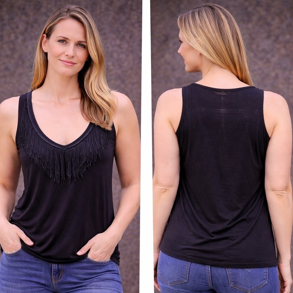 NafNaf Fringe Detail Black Top MEDIUM